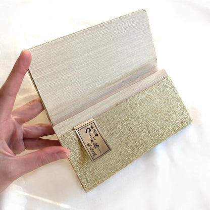 Vintage Japanese slim wallet - golden brocade with camellia flower motif