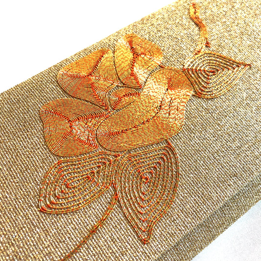 Vintage Japanese slim wallet - golden brocade with camellia flower motif