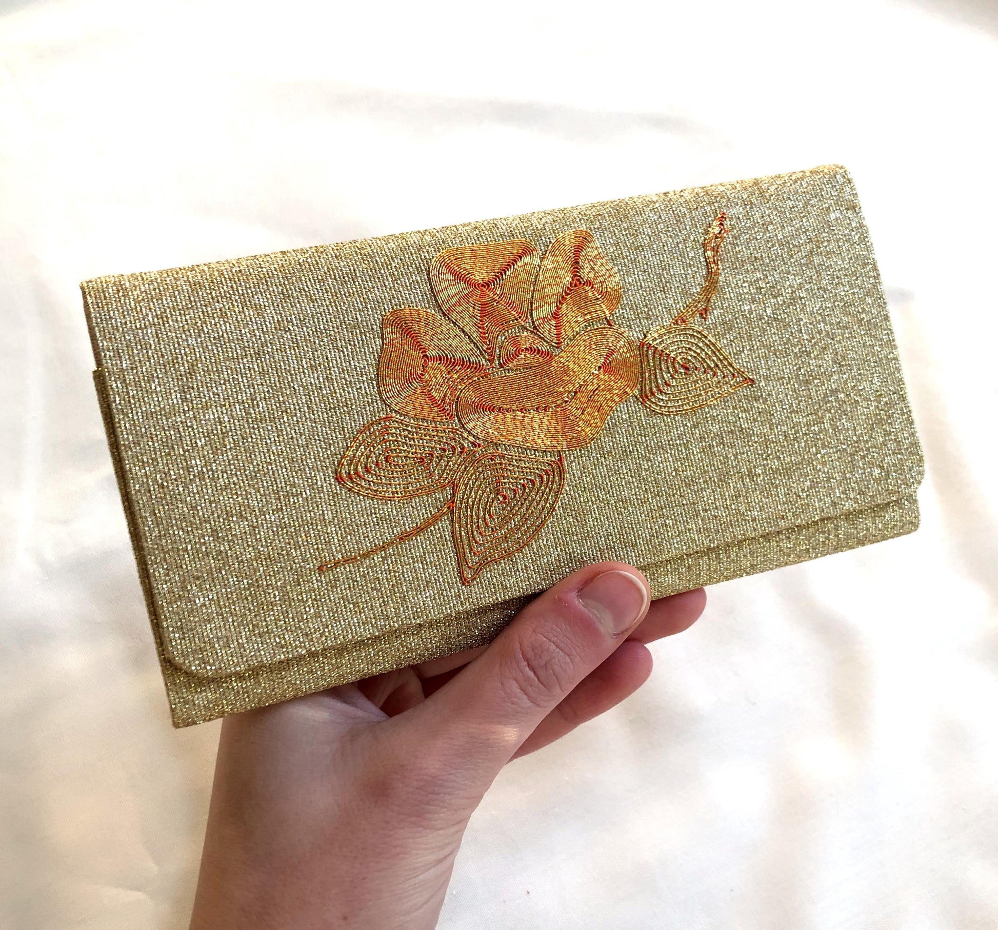Vintage Japanese slim wallet - golden brocade with camellia flower motif