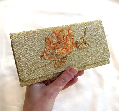 Vintage Japanese slim wallet - golden brocade with camellia flower motif
