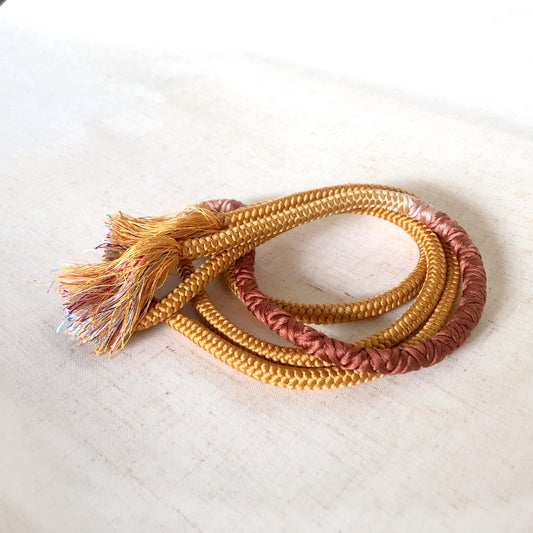 Cute silk obijime - thin belt with tassels - ocher yellow and brown with colorful tassels