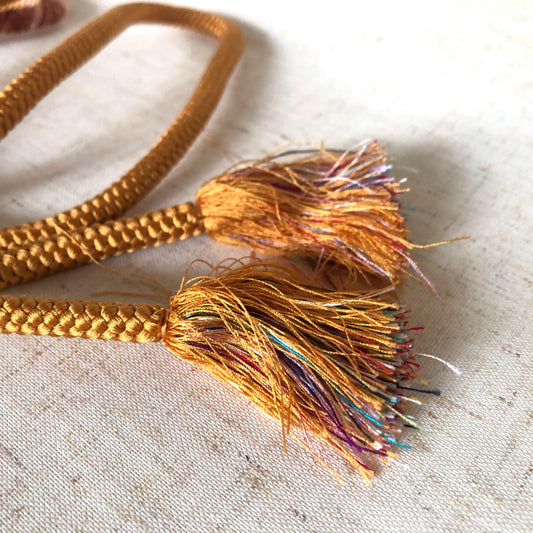 Cute silk obijime - thin belt with tassels - ocher yellow and brown with colorful tassels