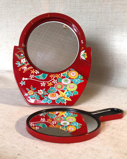 Cute Japanese set - standing and handheld mirror with colorful flowers