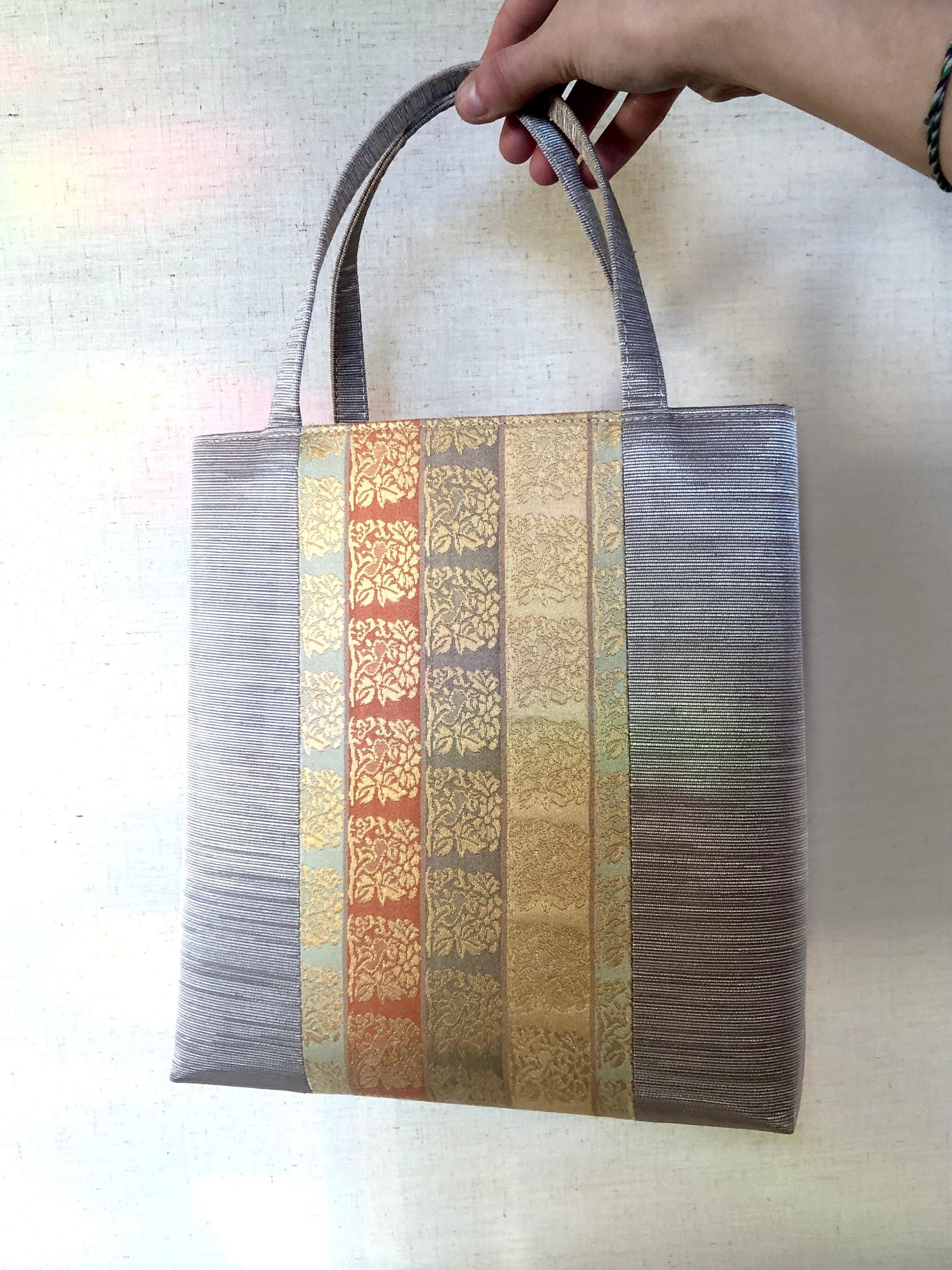 Obi remake tote bag - light gray and pastel jacquard