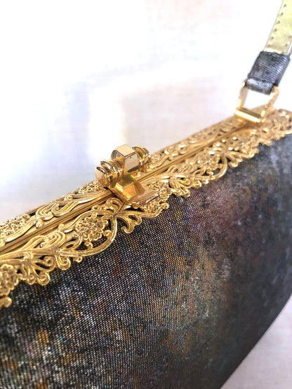 Vintage kimono handbag - metallic gray and copper