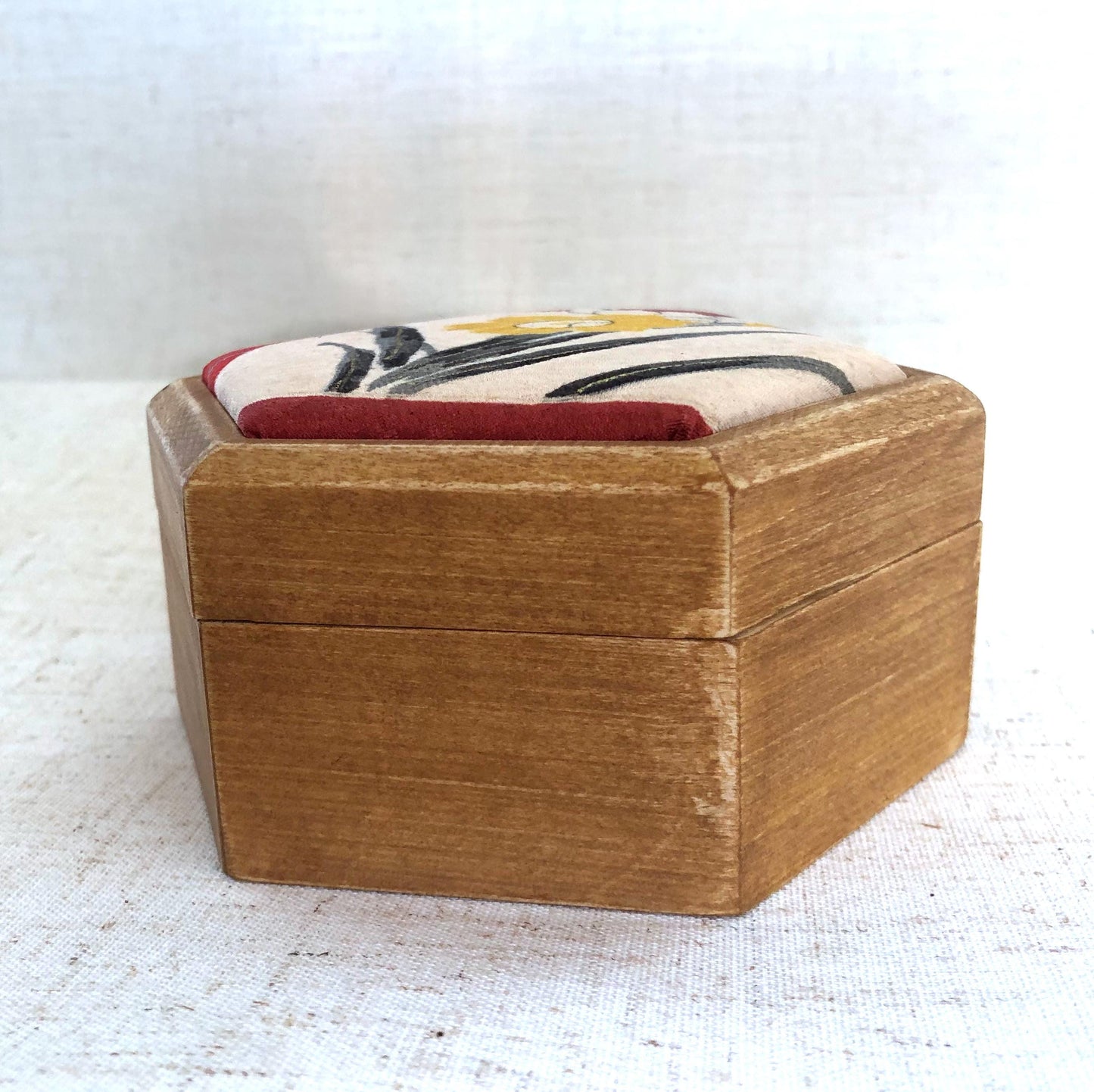 Hexagonal wooden box with upcycled kimono fabric lid