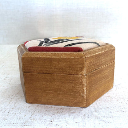 Hexagonal wooden box with upcycled kimono fabric lid
