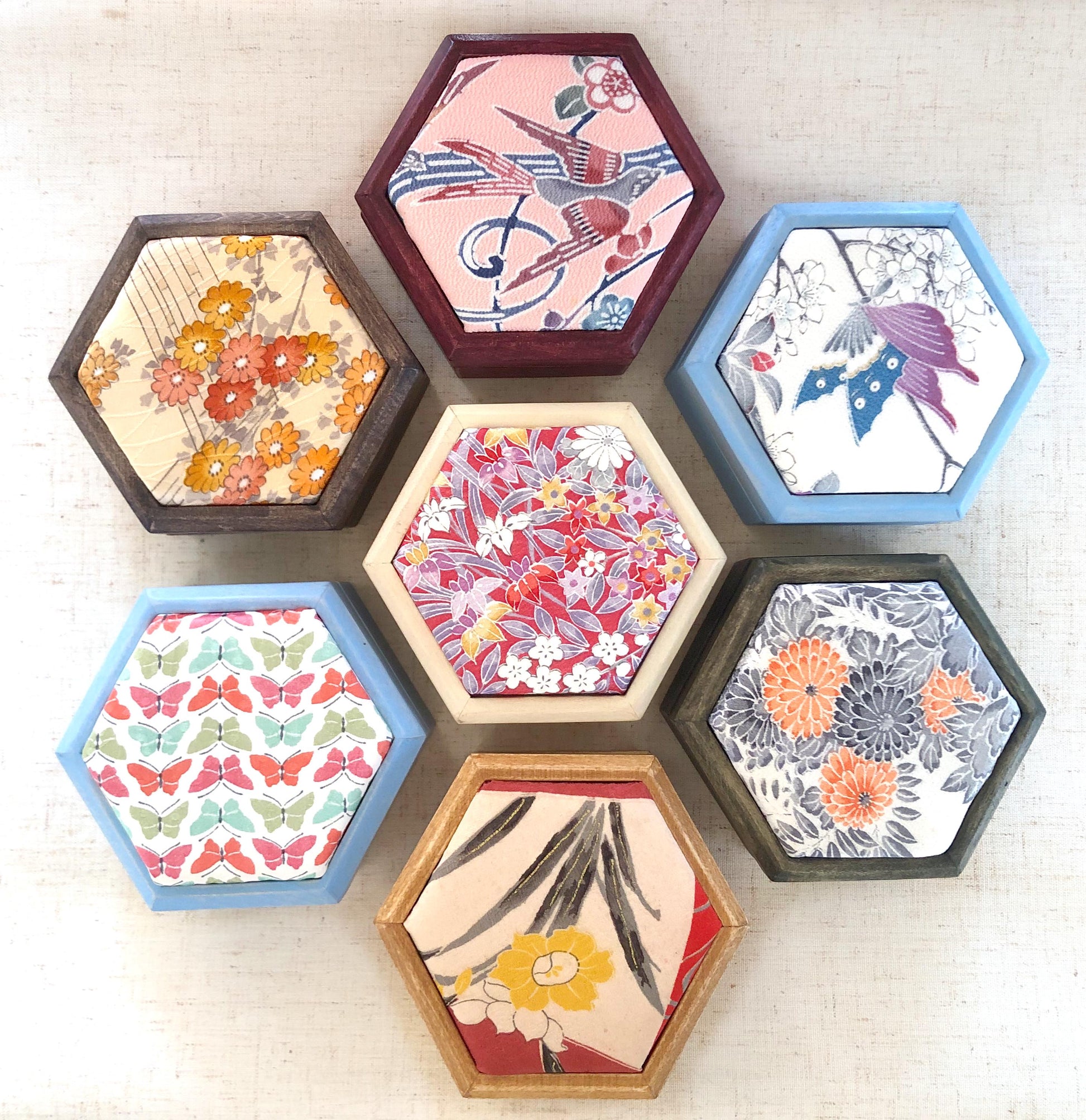 Hexagonal wooden box with upcycled kimono fabric lid