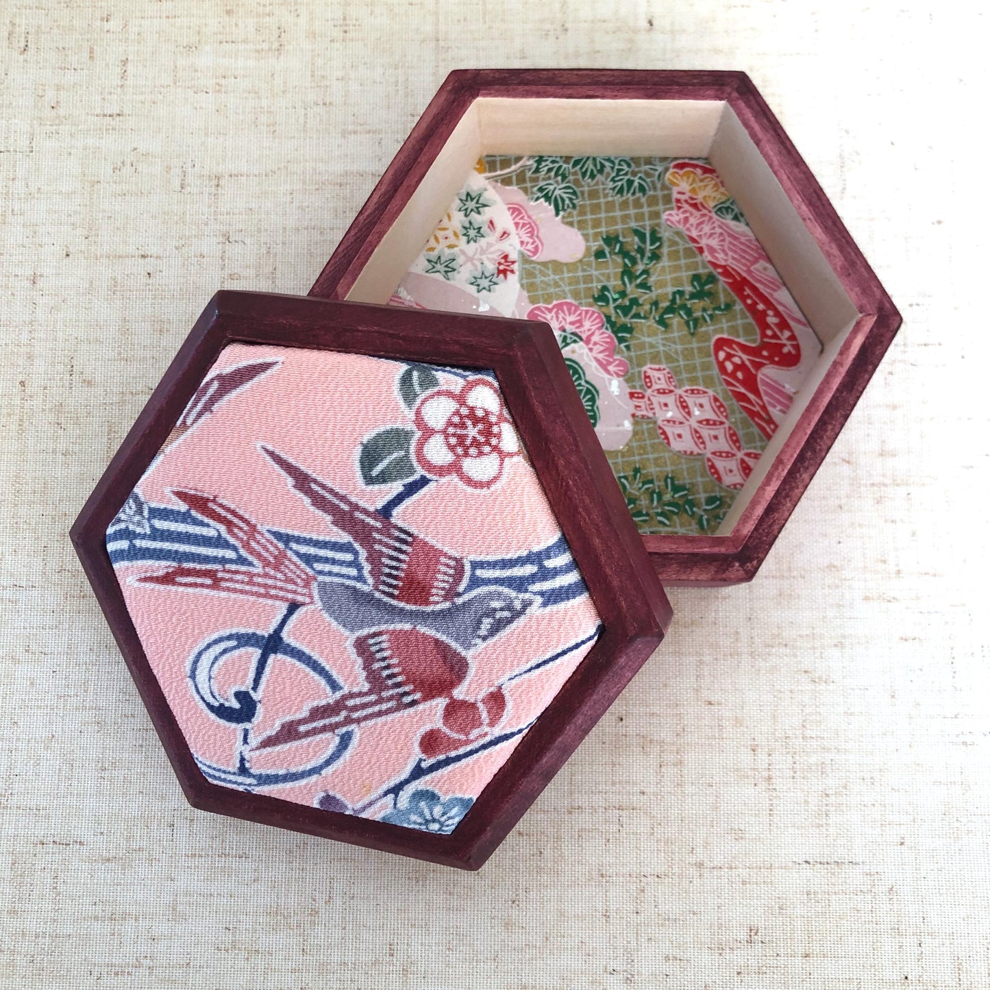 Hexagonal wooden box with upcycled kimono fabric lid