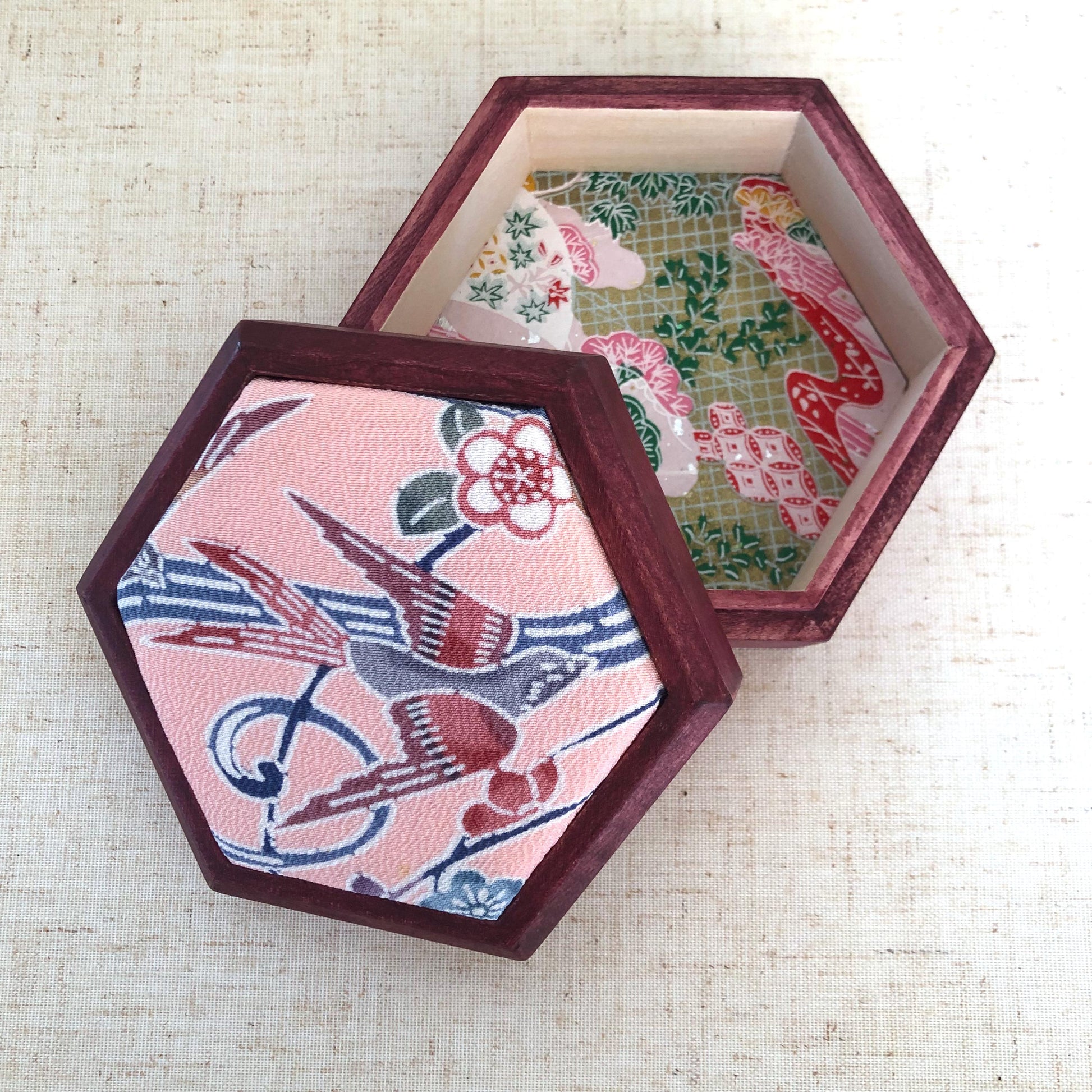 Hexagonal wooden box with upcycled kimono fabric lid