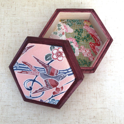 Hexagonal wooden box with upcycled kimono fabric lid