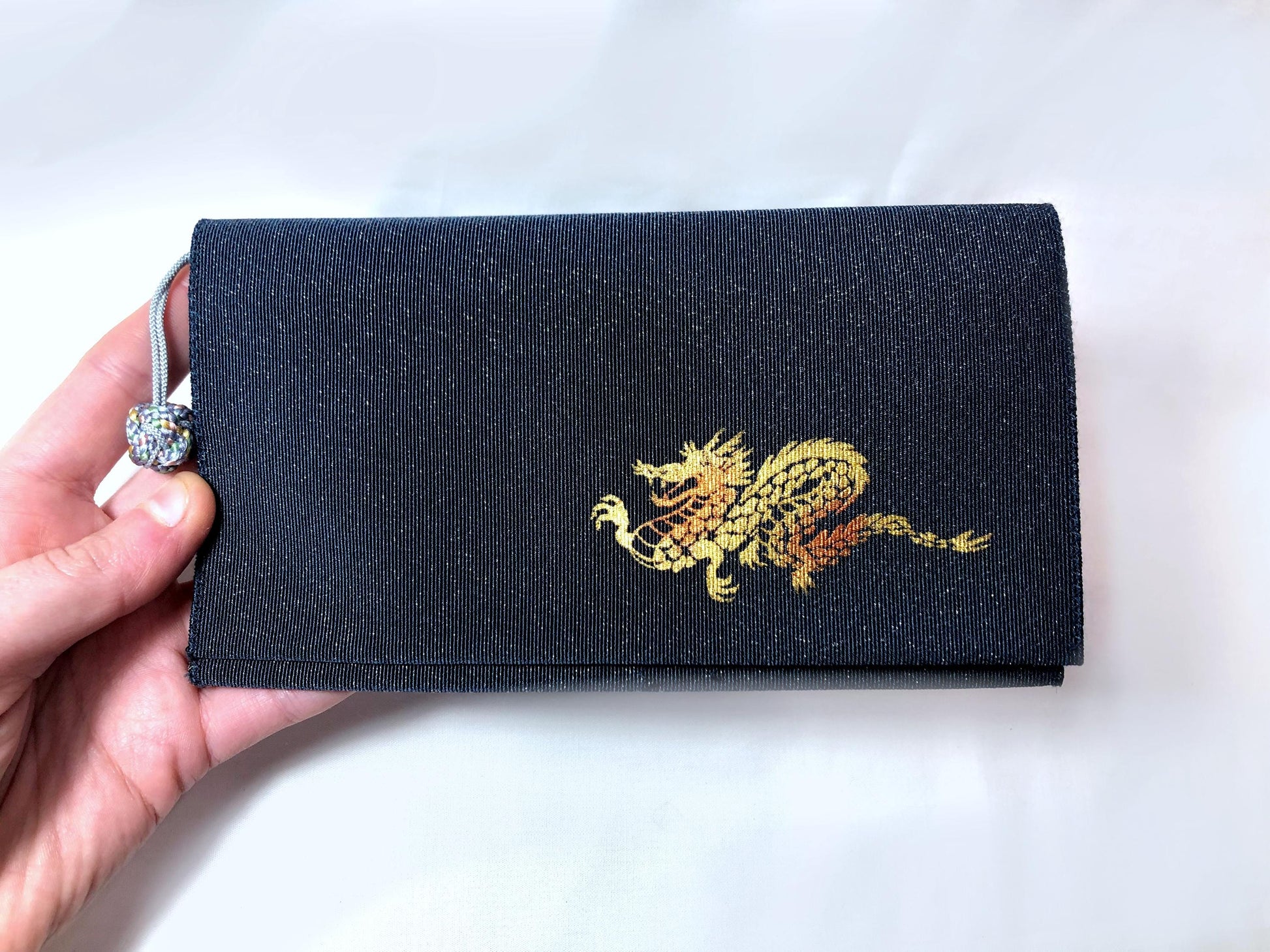 Vintage Japanese slim wallet - navy blue with a golden dragon