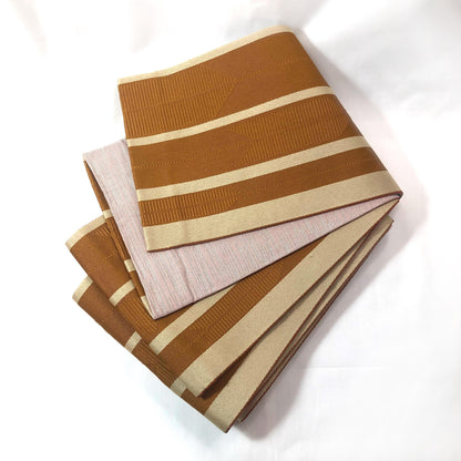 Reversible Japanese hanhaba obi - ochre, rust, and pinkish gray yagasuri