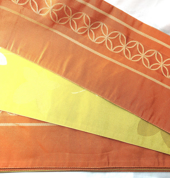 Reversible Japanese hanhaba obi - light orange and yellow florals