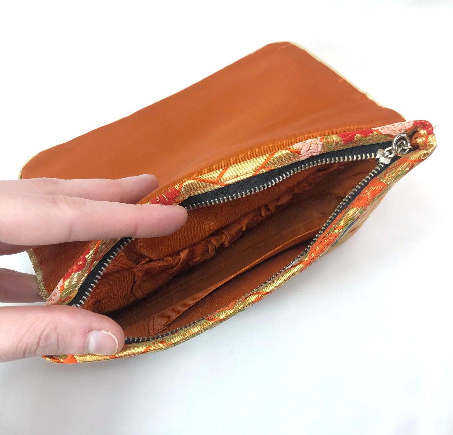Small Japanese pouch bag - golden and orange with florals