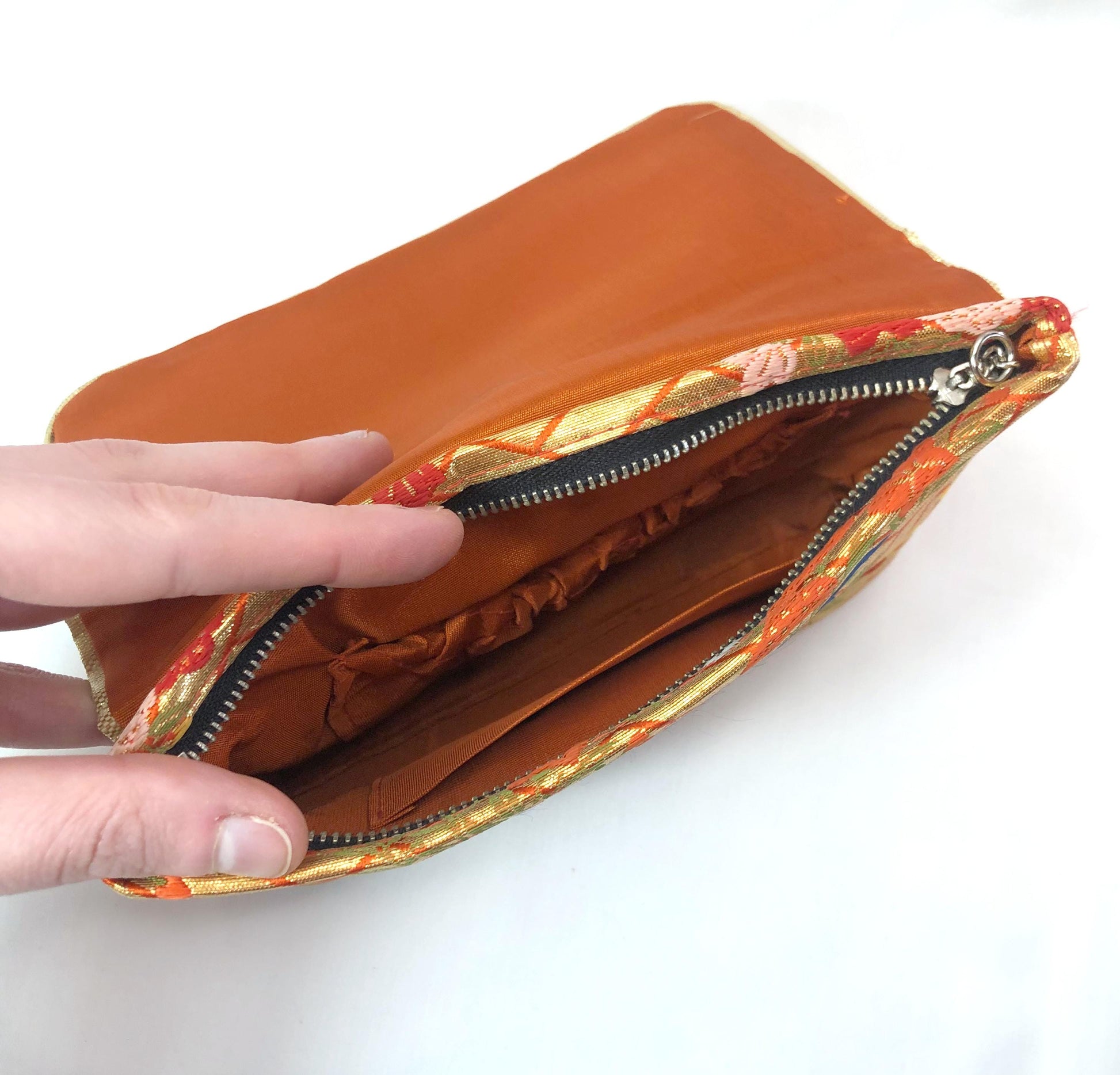 Small Japanese pouch bag - golden and orange with florals