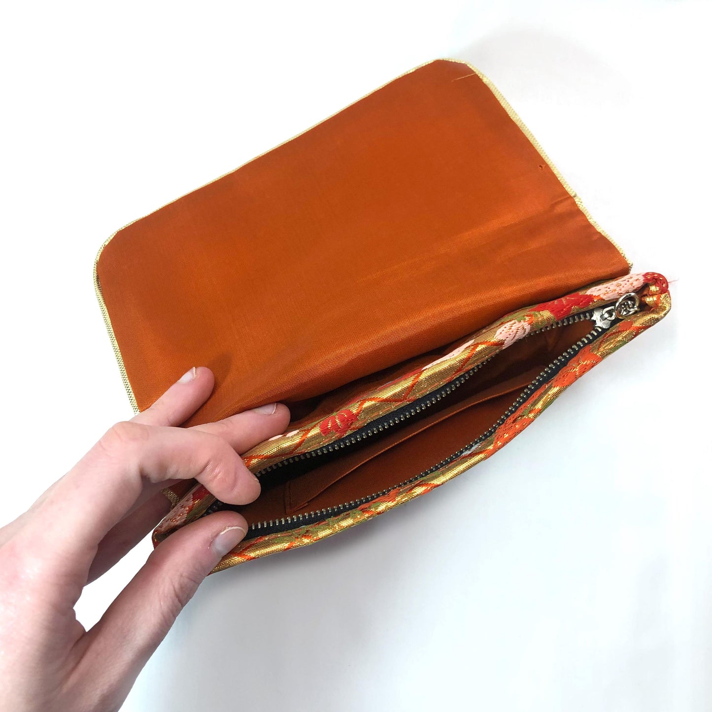 Small Japanese pouch bag - golden and orange with florals