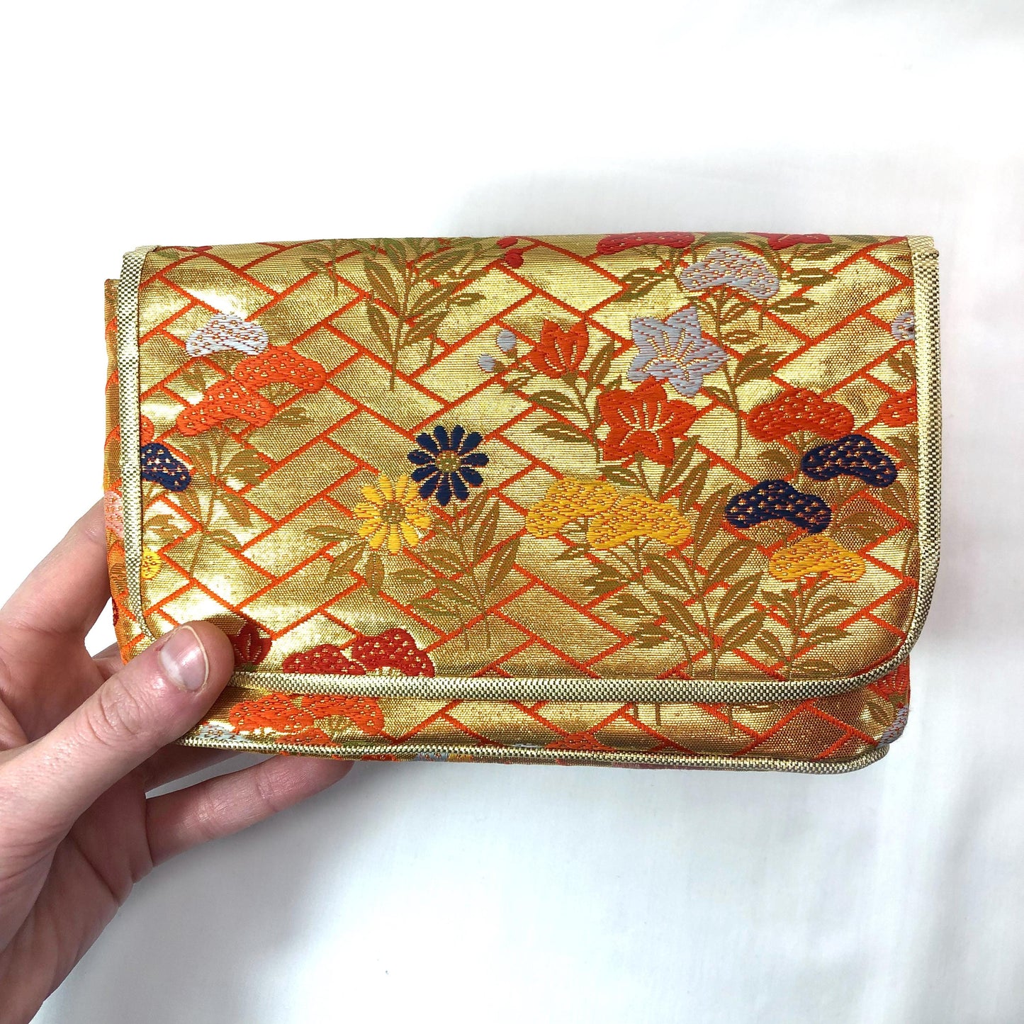 Small Japanese pouch bag - golden and orange with florals