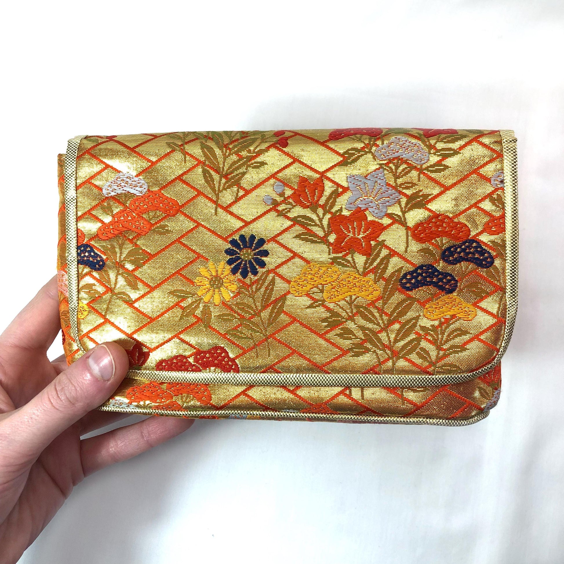Small Japanese pouch bag - golden and orange with florals