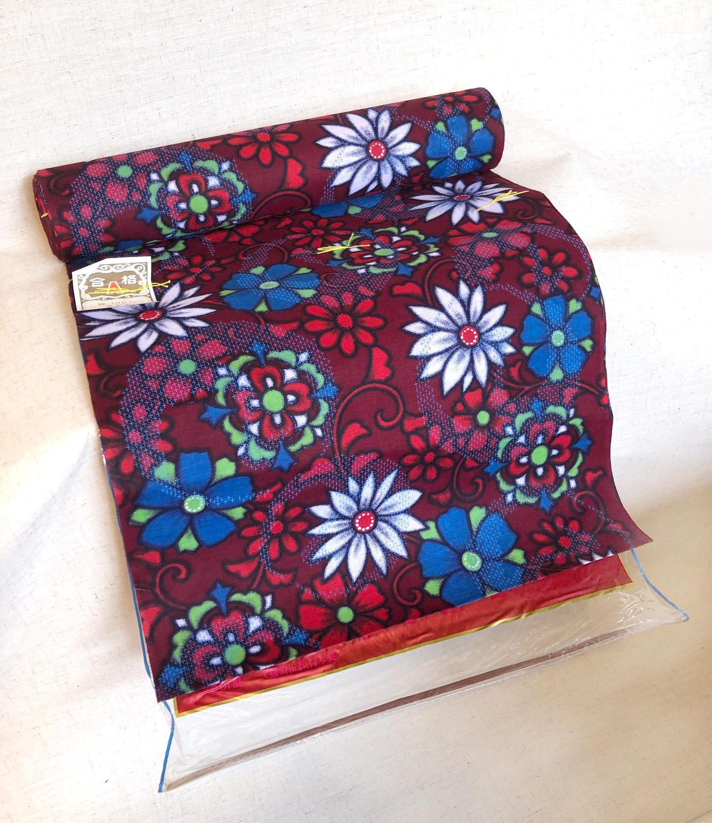 Vintage tanmono - fabric bolt - vivid red, blue, and green florals "Benifuji meisen"