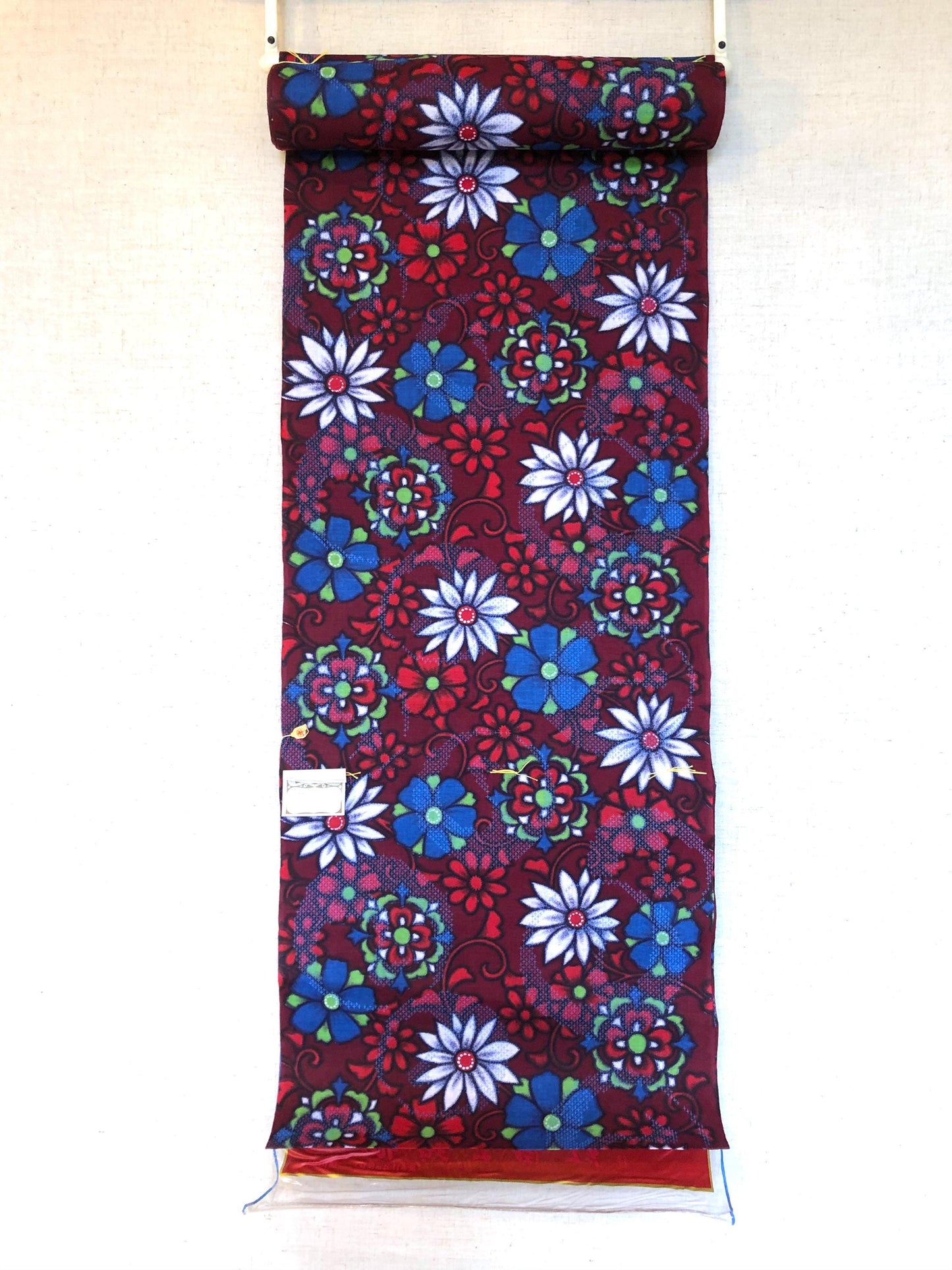Vintage tanmono - fabric bolt - vivid red, blue, and green florals "Benifuji meisen"