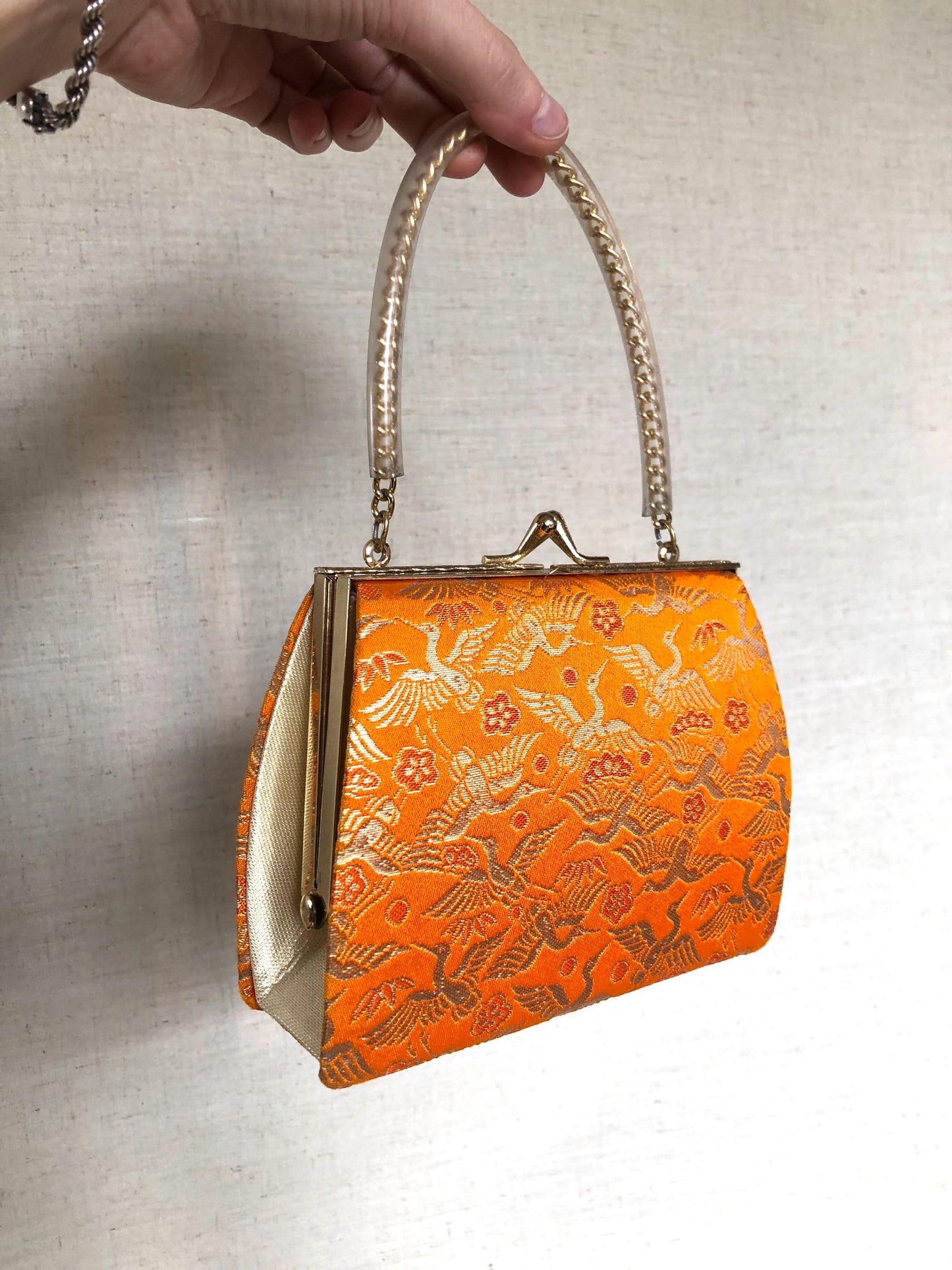 Vintage kimono handbag for children - vivid orange with crane birds pattern