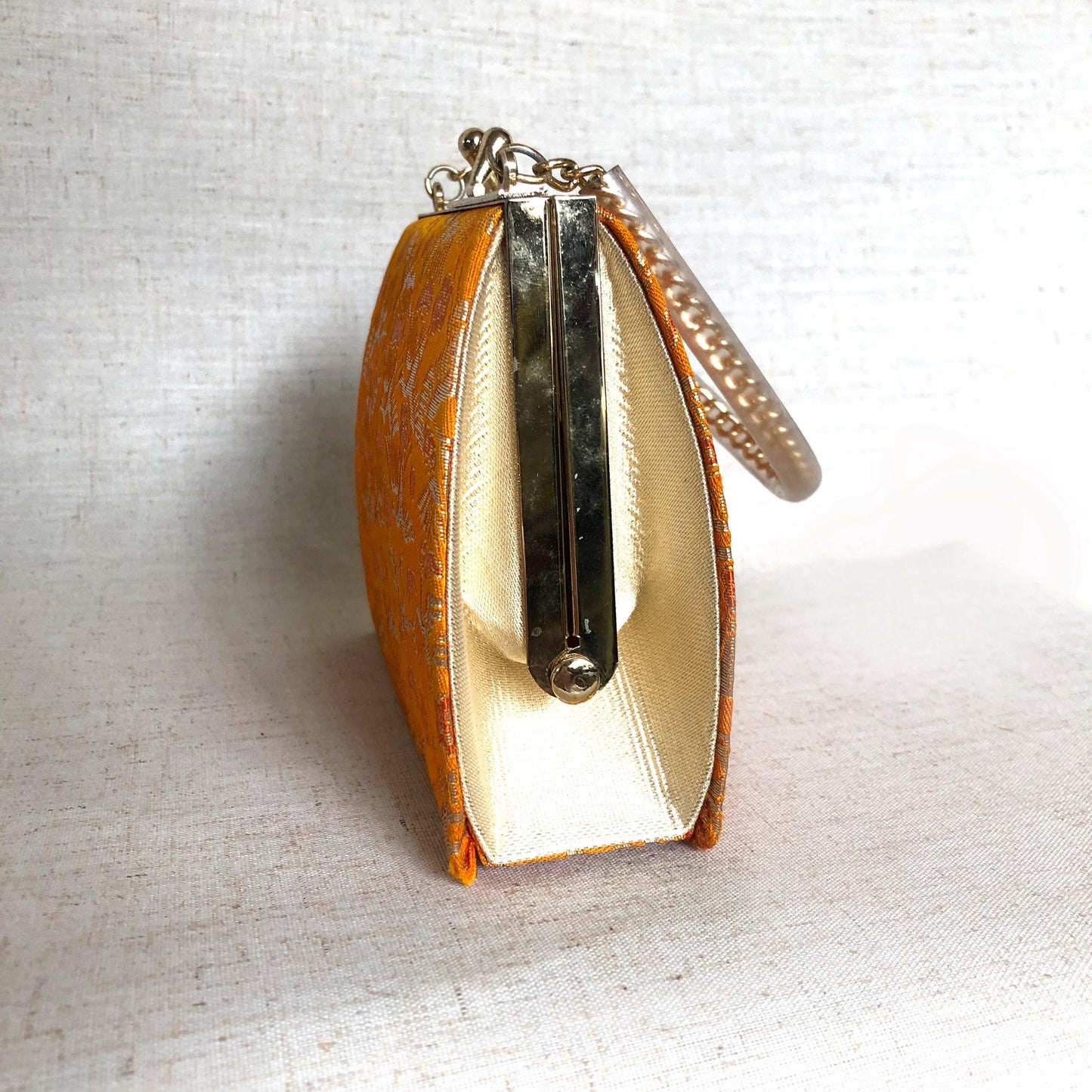 Vintage kimono handbag for children - vivid orange with crane birds pattern