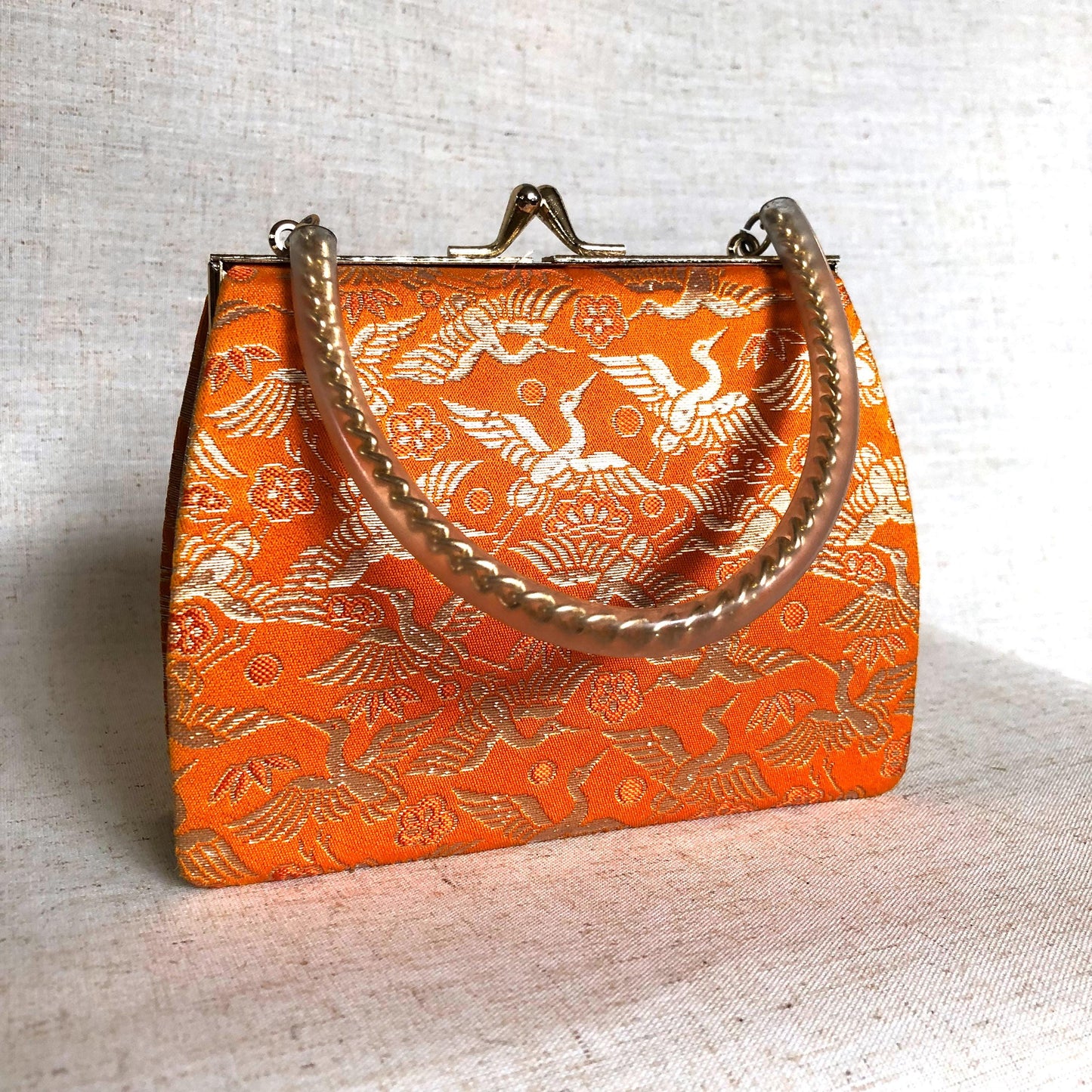 Vintage kimono handbag for children - vivid orange with crane birds pattern