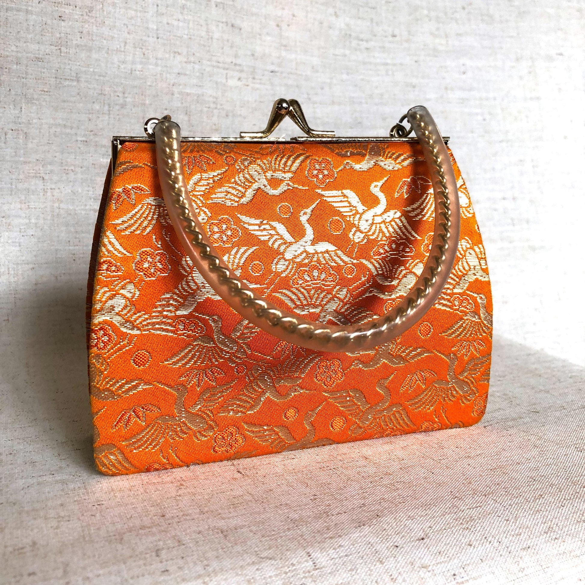 Vintage kimono handbag for children - vivid orange with crane birds pattern