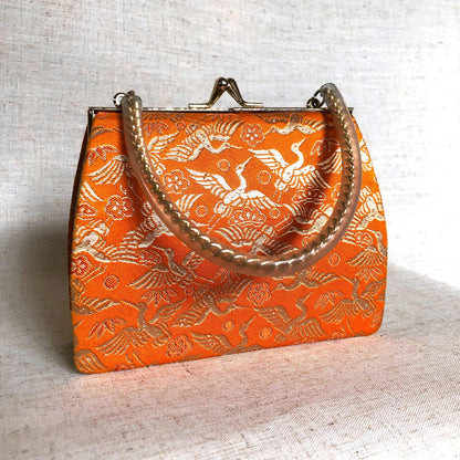Vintage kimono handbag for children - vivid orange with crane birds pattern