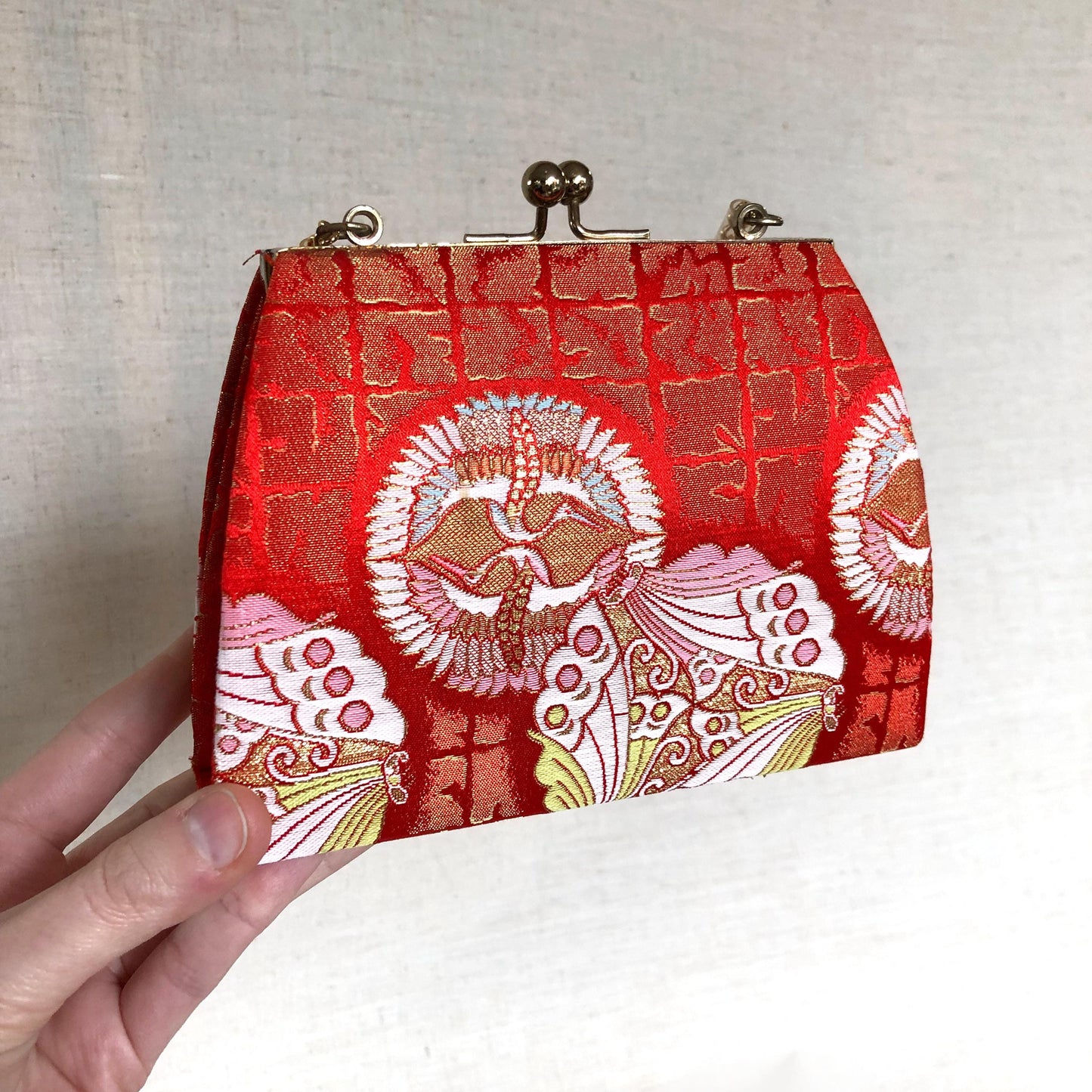 Vintage kimono handbag for children - red with pastel kamon pattern