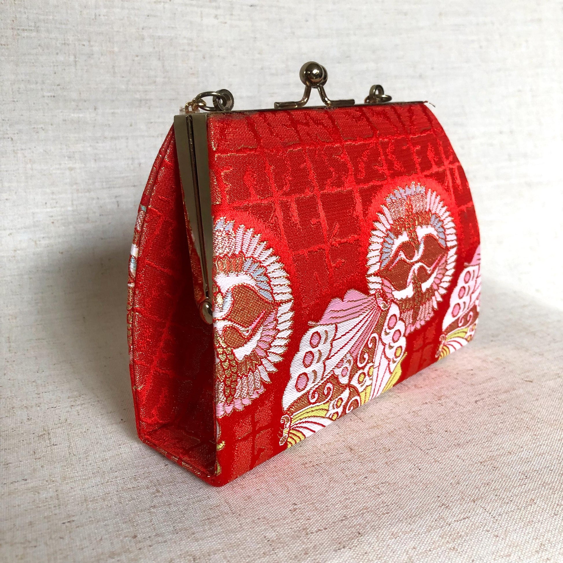 Vintage kimono handbag for children - red with pastel kamon pattern