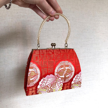 Vintage kimono handbag for children - red with pastel kamon pattern