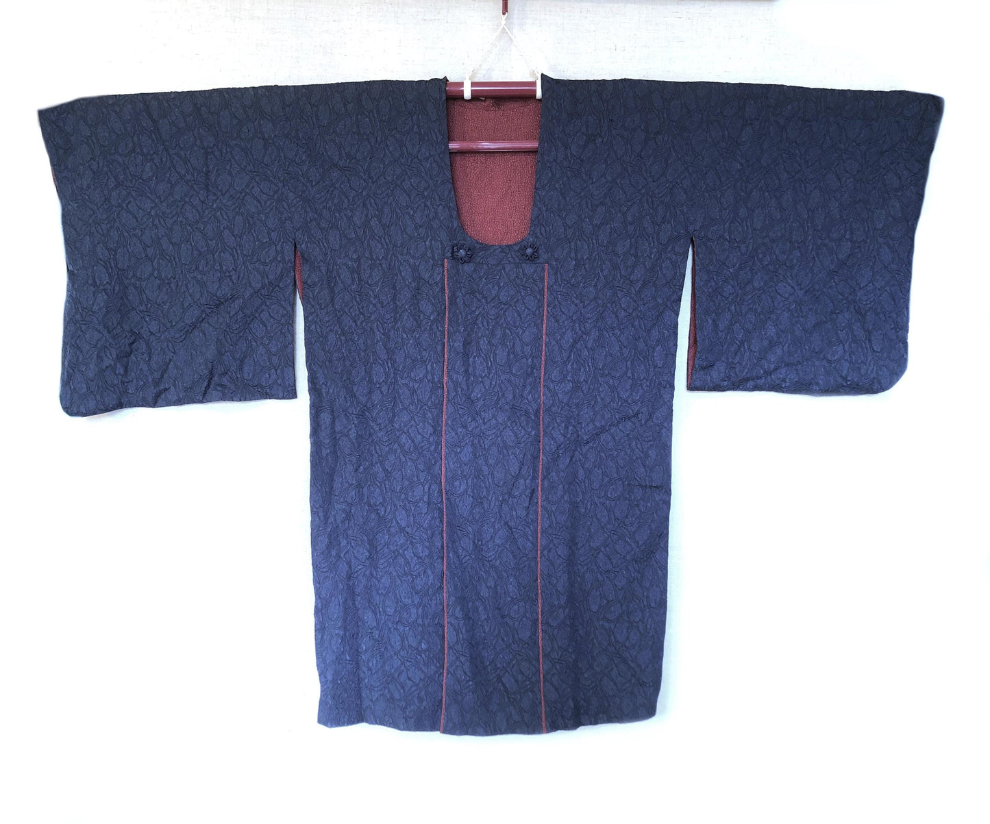 Vintage Japanese kimono coat michiyuki - elegant blue and red with floral buttons