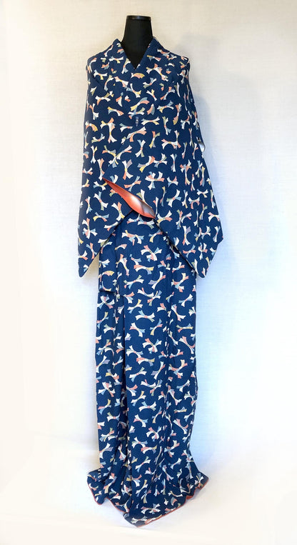 Vintage kimono - sea blue with colorful ribbons pattern