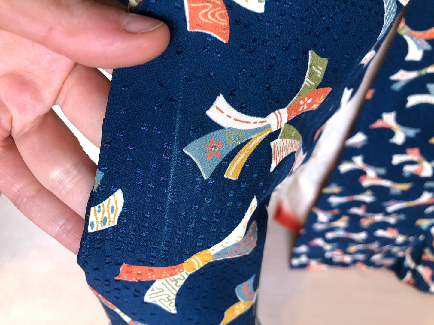 Vintage kimono - sea blue with colorful ribbons pattern