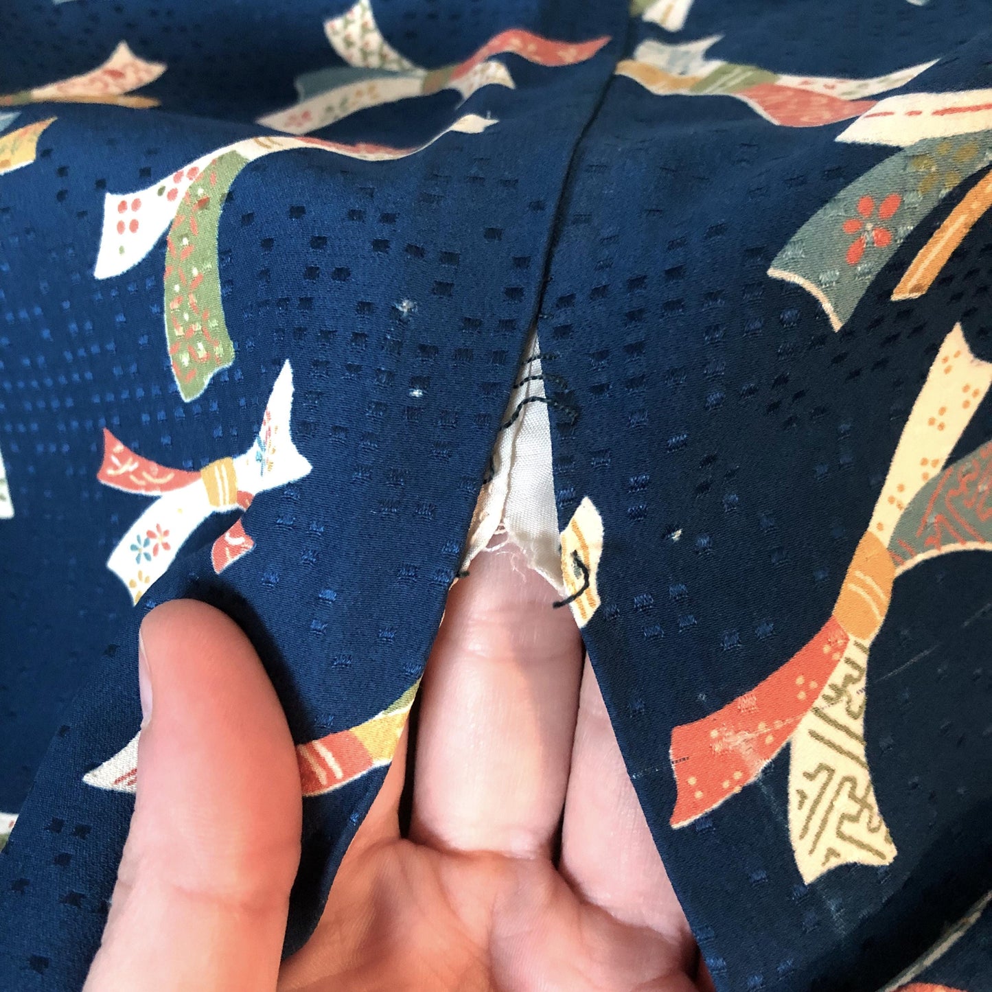 Vintage kimono - sea blue with colorful ribbons pattern