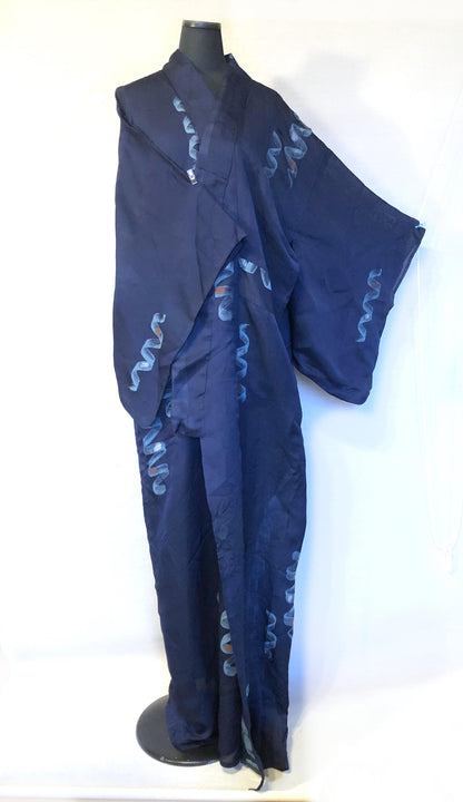 Vintage Japanese summer kimono - see through dark blue with light blue ribbons pattern