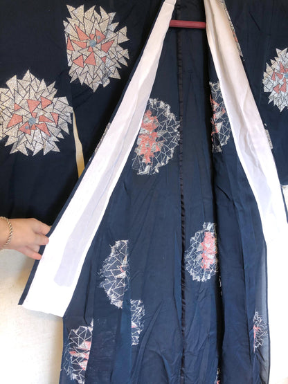 Vintage Japanese summer kimono - see through dark blue with silver flowers pattern
