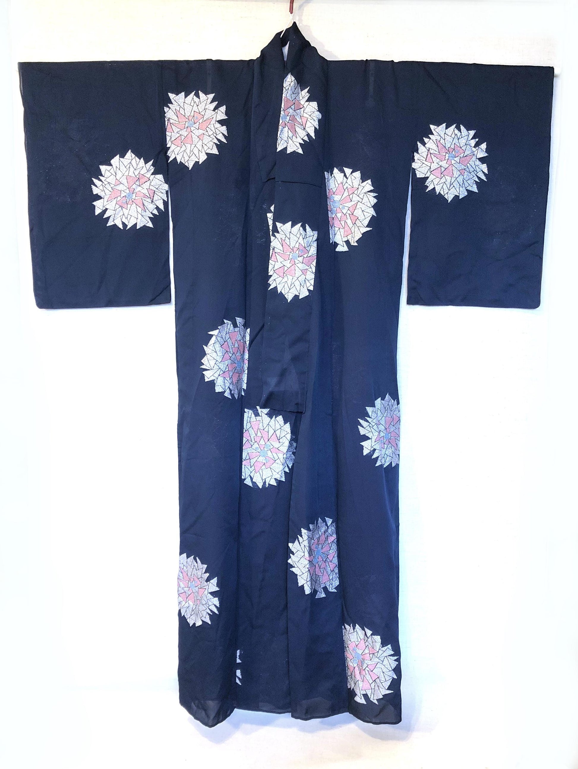 Vintage Japanese summer kimono - see through dark blue with silver flowers pattern