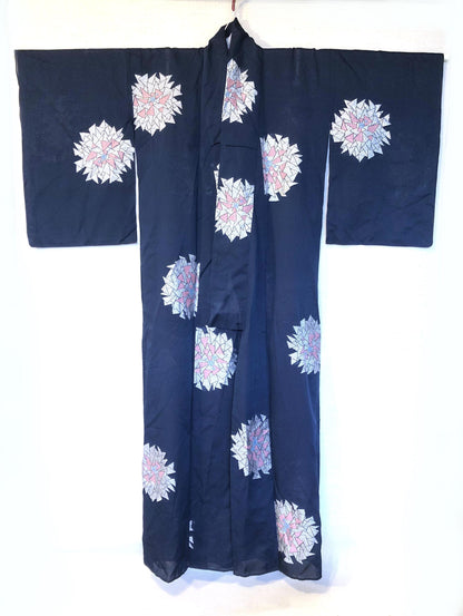 Vintage Japanese summer kimono - see through dark blue with silver flowers pattern