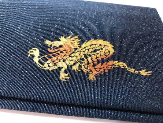 Vintage Japanese slim wallet - navy blue with a golden dragon