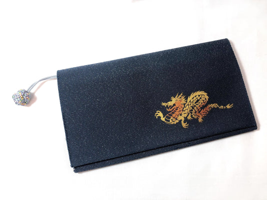 Vintage Japanese slim wallet - navy blue with a golden dragon
