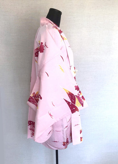 Vintage Japanese kimono coat haori - light pink with village houses
