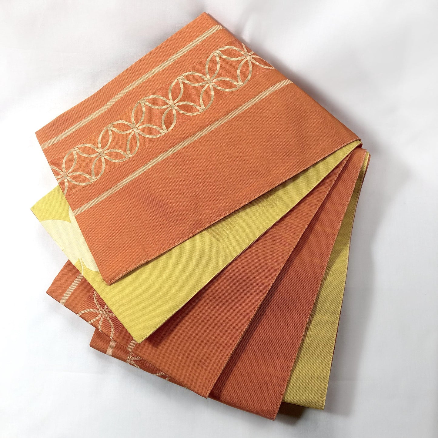 Reversible Japanese hanhaba obi - light orange and yellow florals