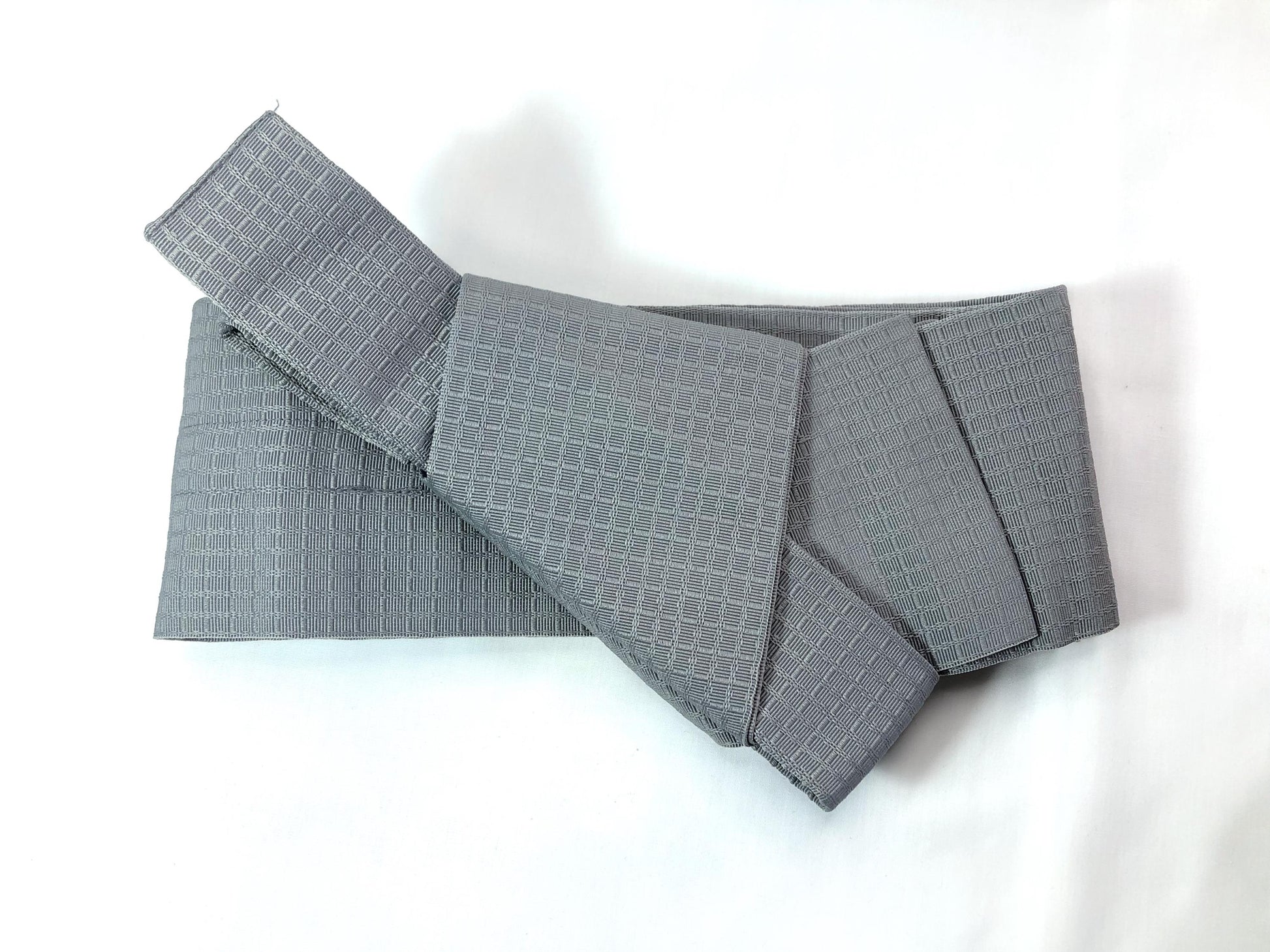 Instant narrow kaku obi set - light gray obi and navy kinchaku bag