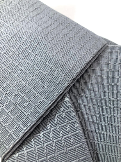 Instant narrow kaku obi set - light gray obi and navy kinchaku bag