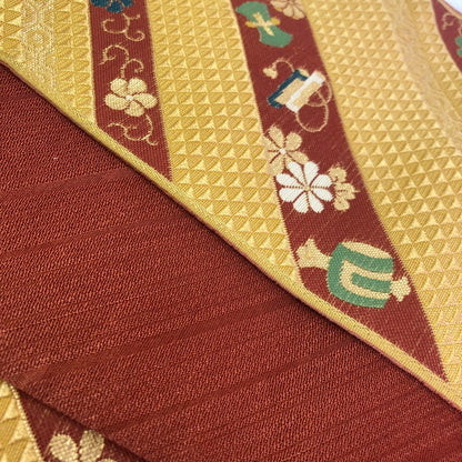 Reversible Japanese hanhaba obi - red and yellow with auspicious symbols