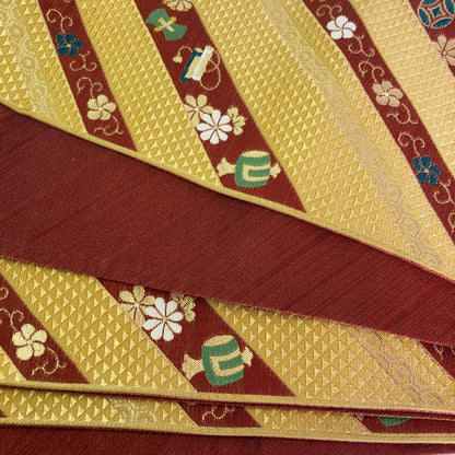 Reversible Japanese hanhaba obi - red and yellow with auspicious symbols