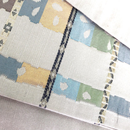 Reversible Japanese hanhaba obi - light gray with pastel decoration